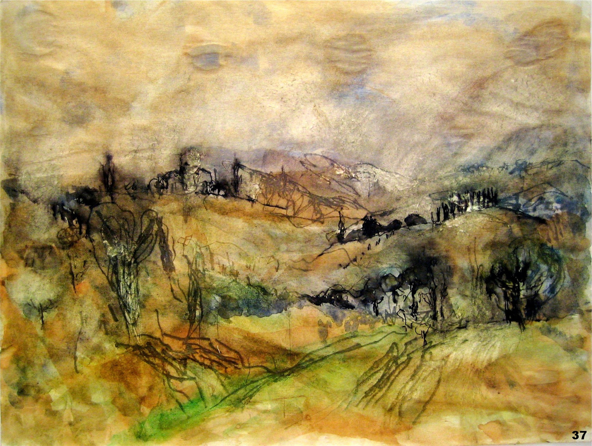 Tuscan Hills-Watercolor & Coffee on paper-16h x 20w in